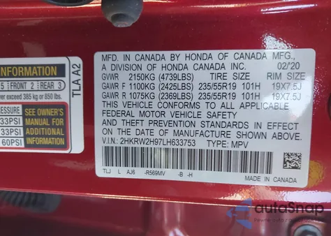 2020 Honda Cr-V Awd Touring z USA, uszkodzony, nr VIN 2HKRW2H97LH633753